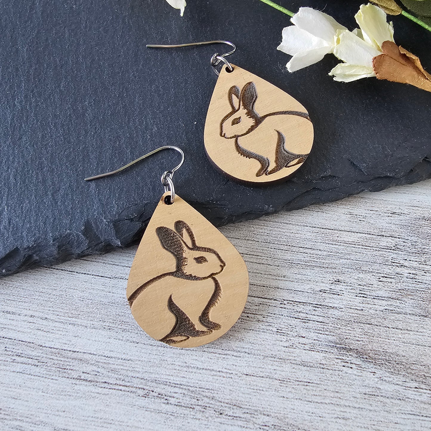 Wooden Teardrop Bunny Earrings