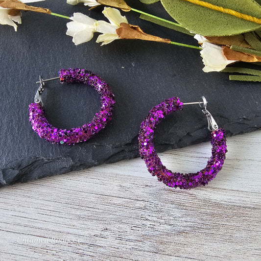 Eggplant Purple Glitter Hoops