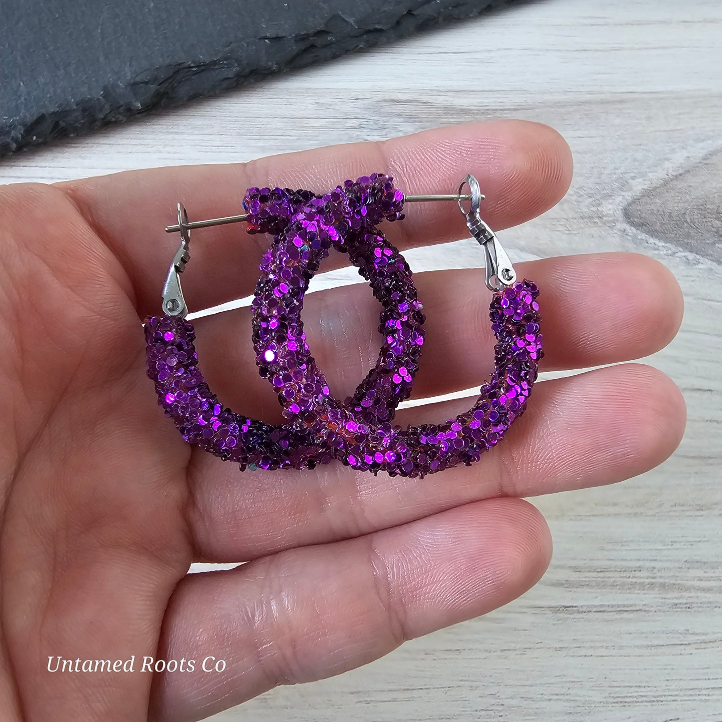 Eggplant Purple Glitter Hoops