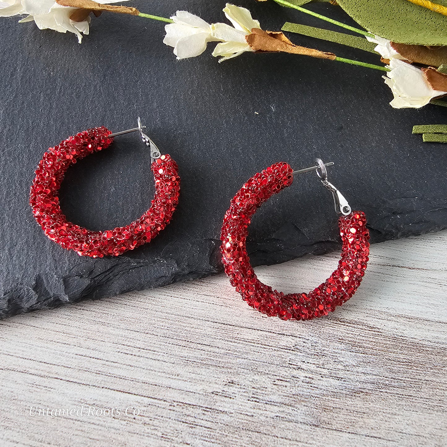 Dark Red Glitter Hoops