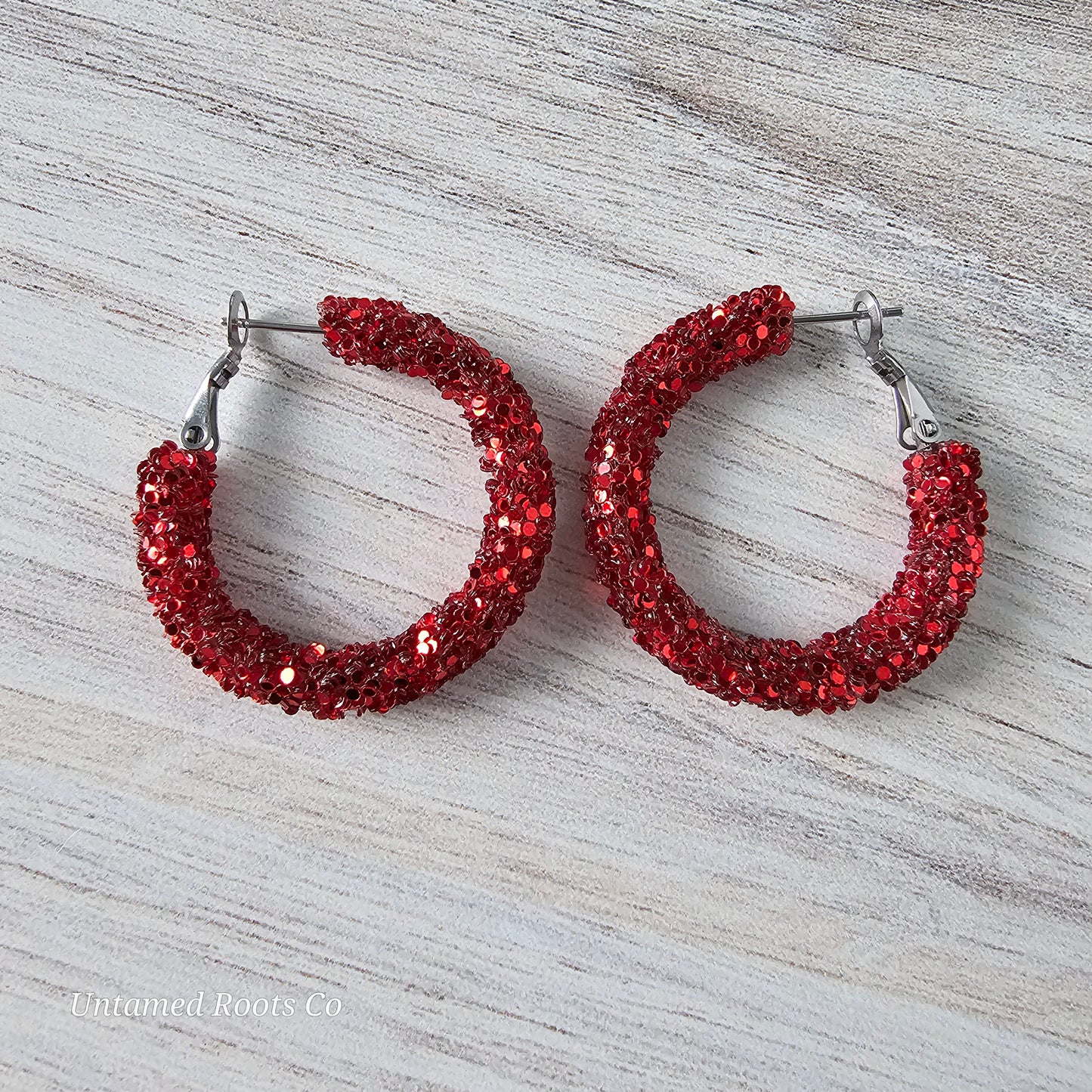 Dark Red Glitter Hoops