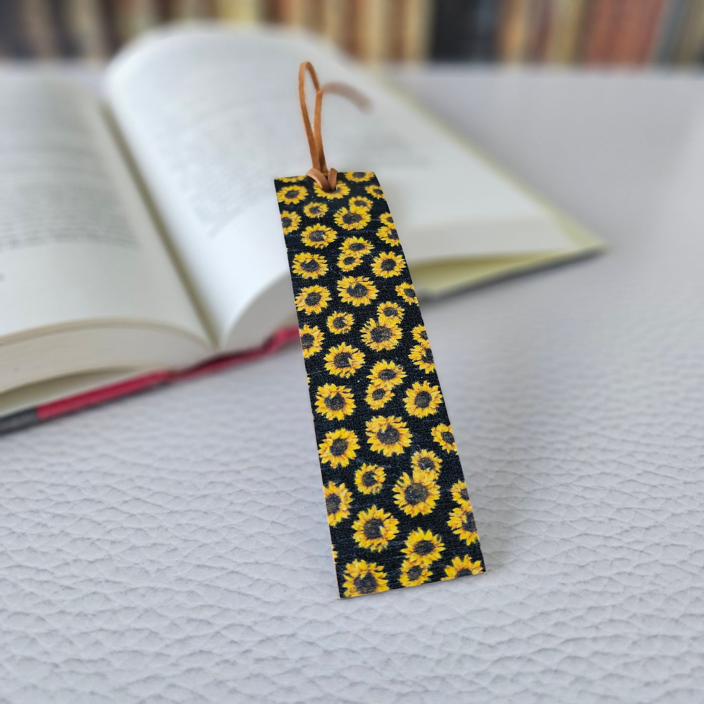 Black Sunflowers Leather Bookmark