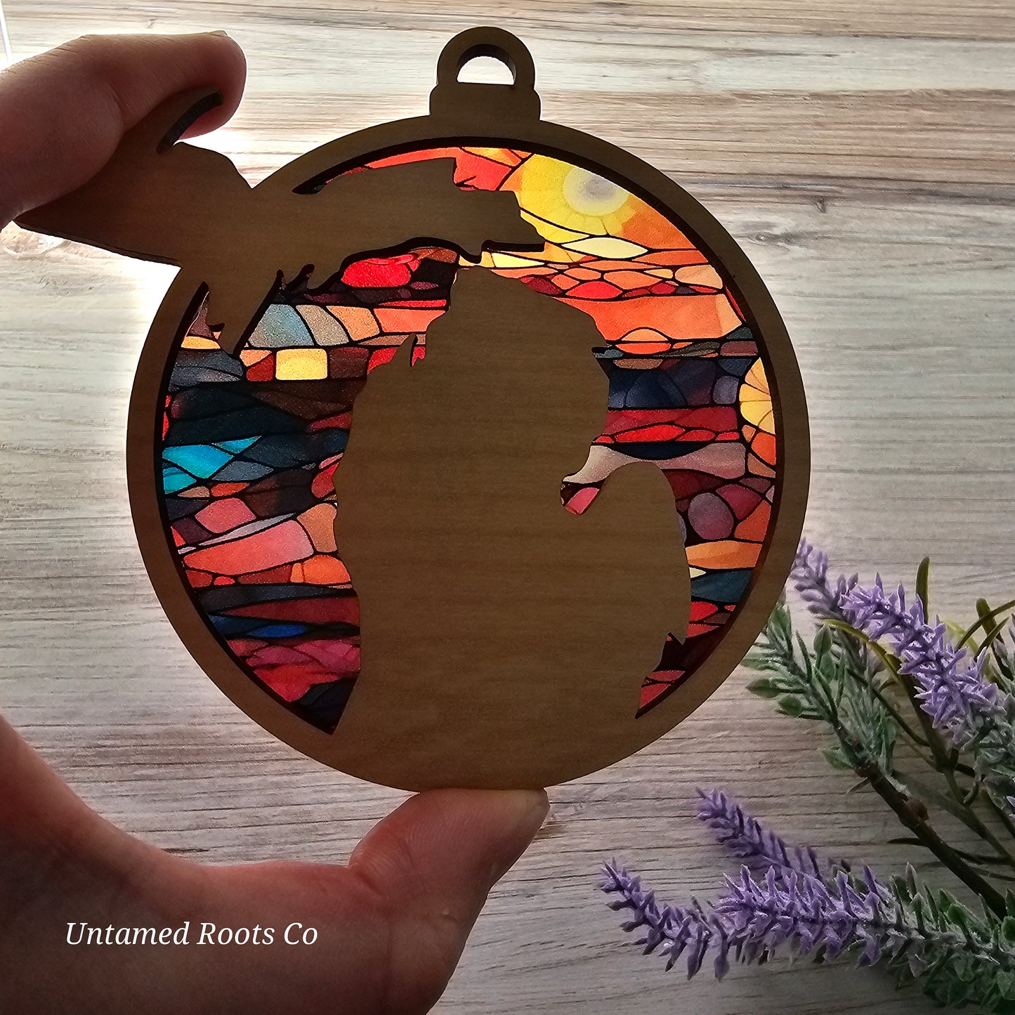 Michigan Suncatcher Ornament - Translucent Stained Glass Ruby Sunset