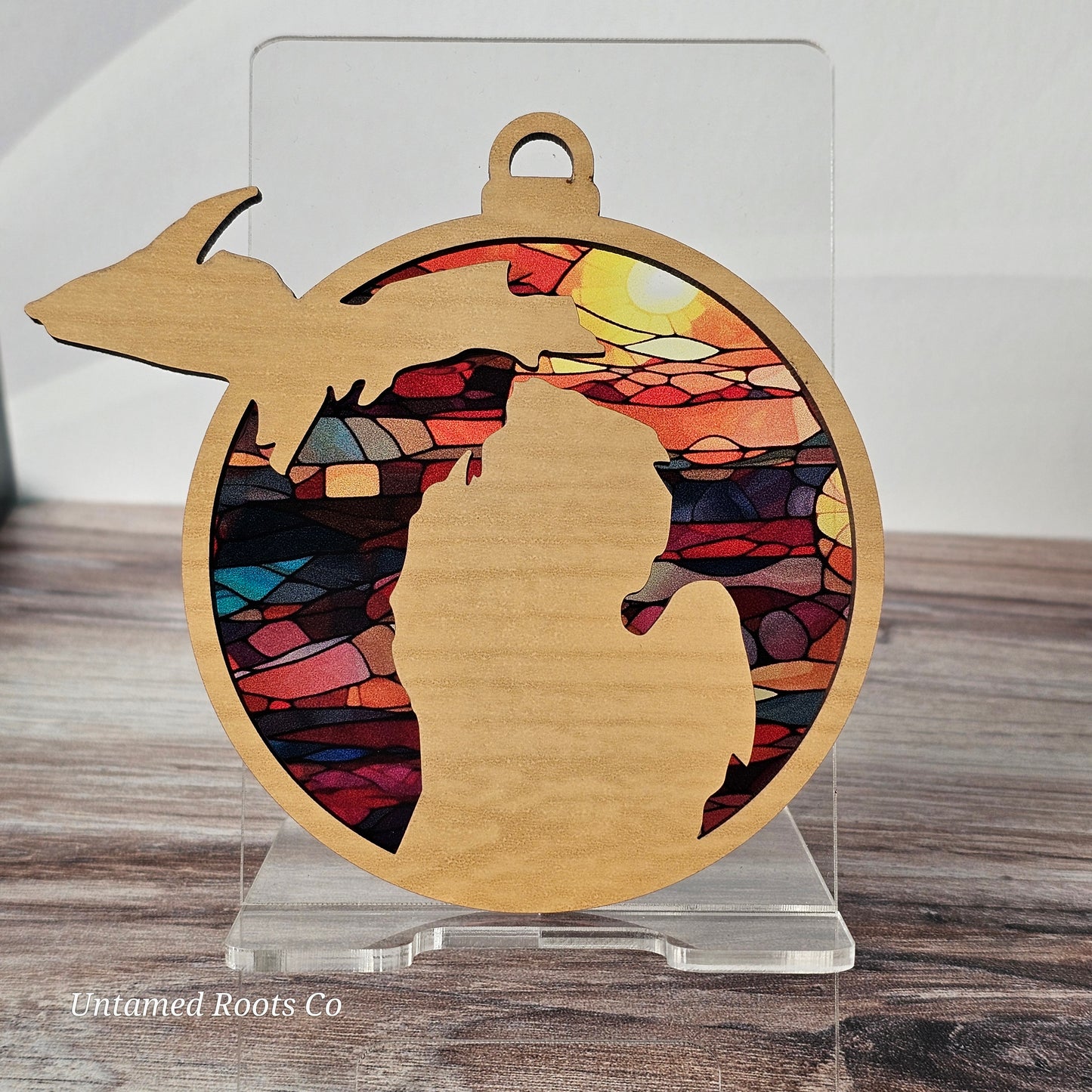 Michigan Suncatcher Ornament - Translucent Stained Glass Ruby Sunset