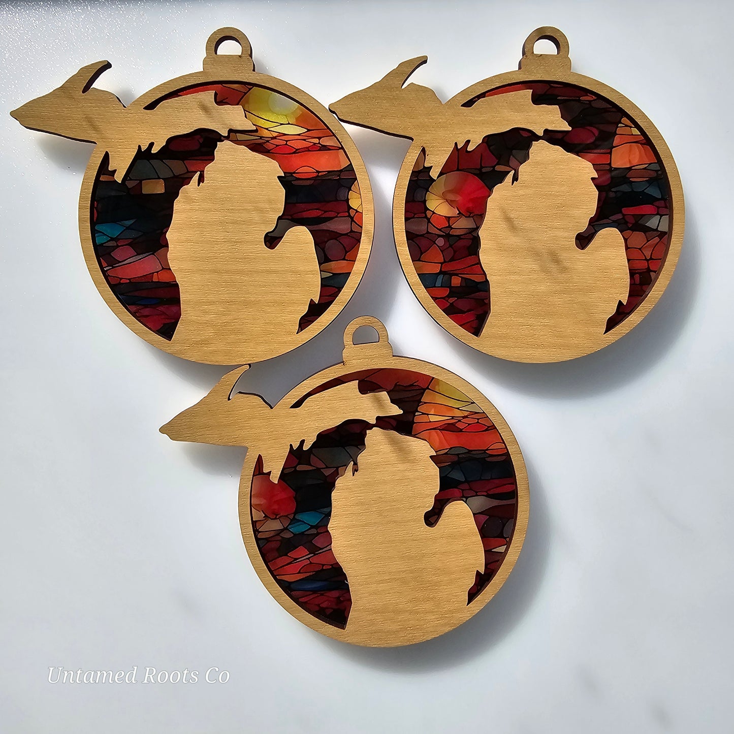 Michigan Suncatcher Ornament - Translucent Stained Glass Ruby Sunset