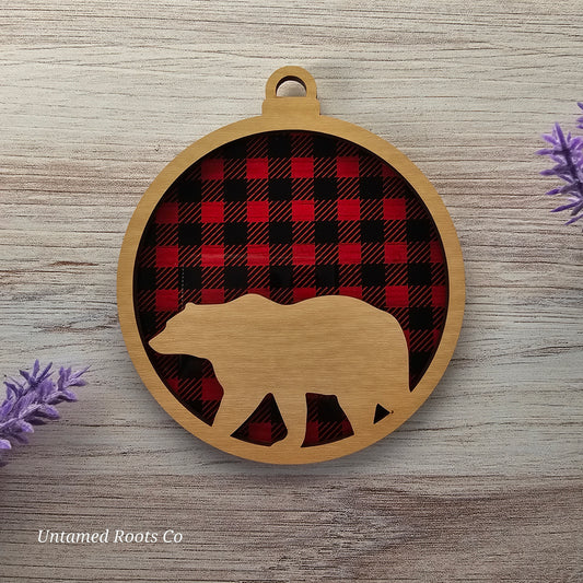 Bear Suncatcher Ornament - Translucent Buffalo Plaid
