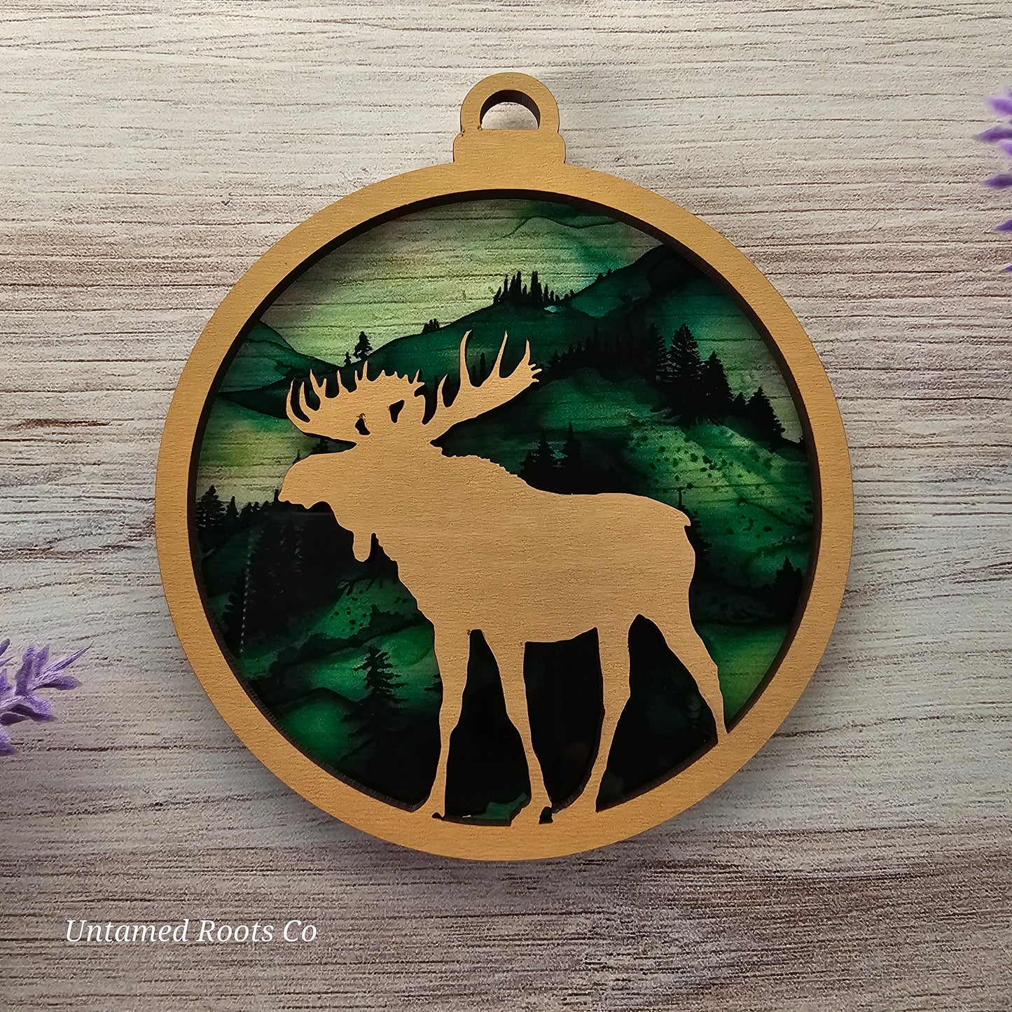 Moose Suncatcher Ornament - Translucent Hillside Forest