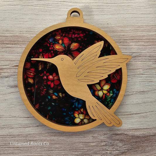 Hummingbird Suncatcher Ornament - Translucent Bright Floral