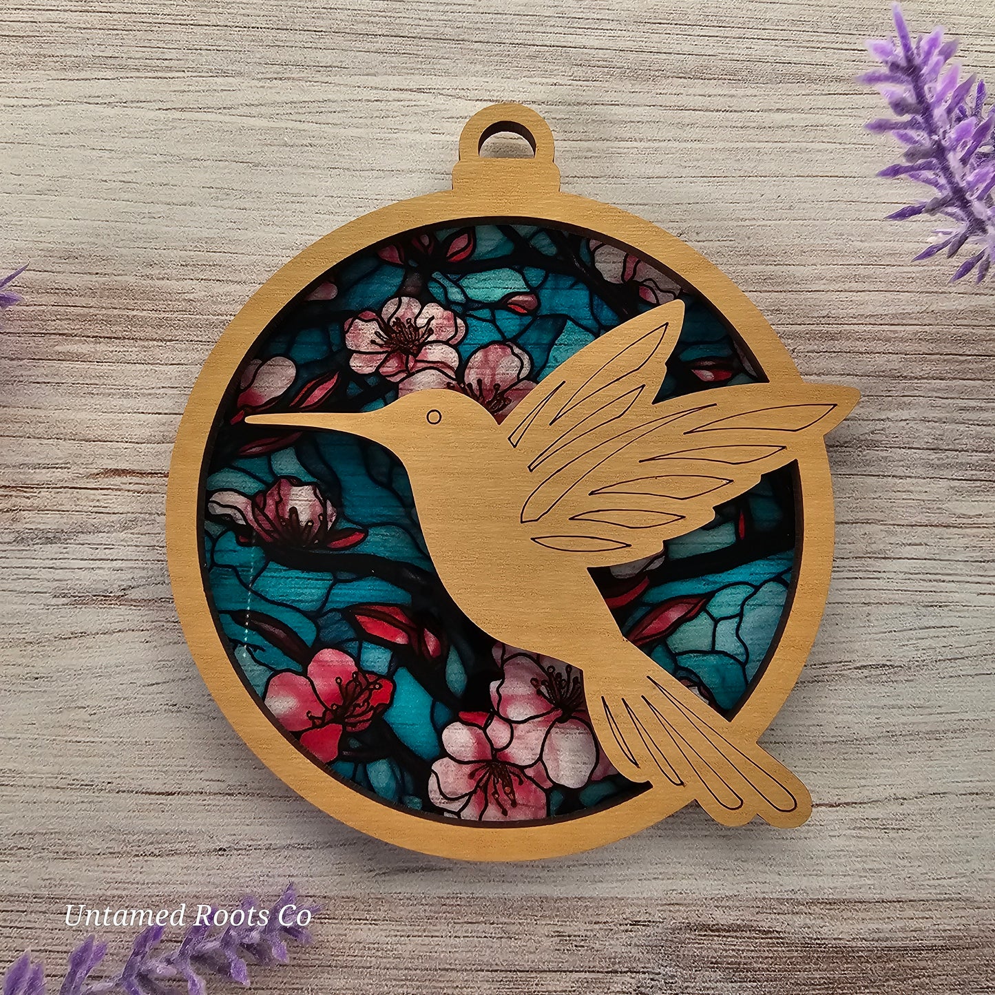 Hummingbird Suncatcher Ornament - Translucent Cherry Blossoms