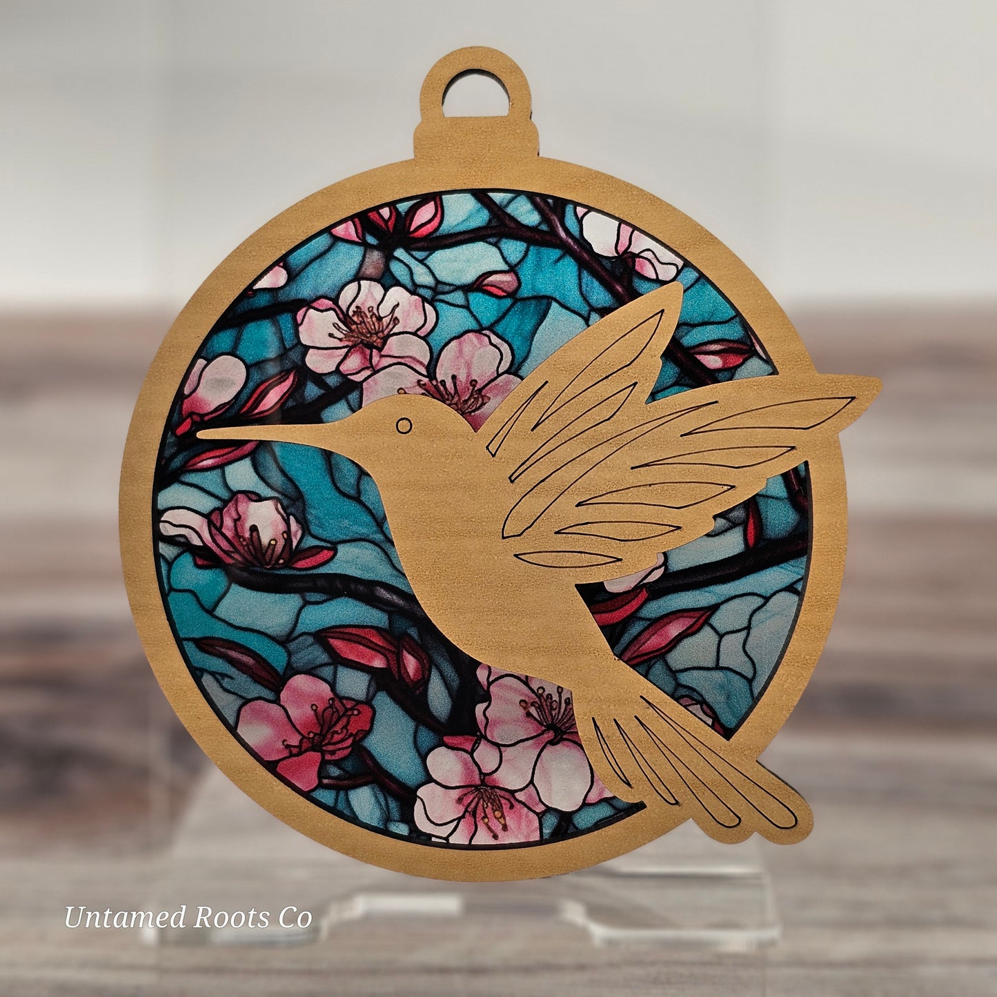 Hummingbird Suncatcher Ornament - Translucent Cherry Blossoms