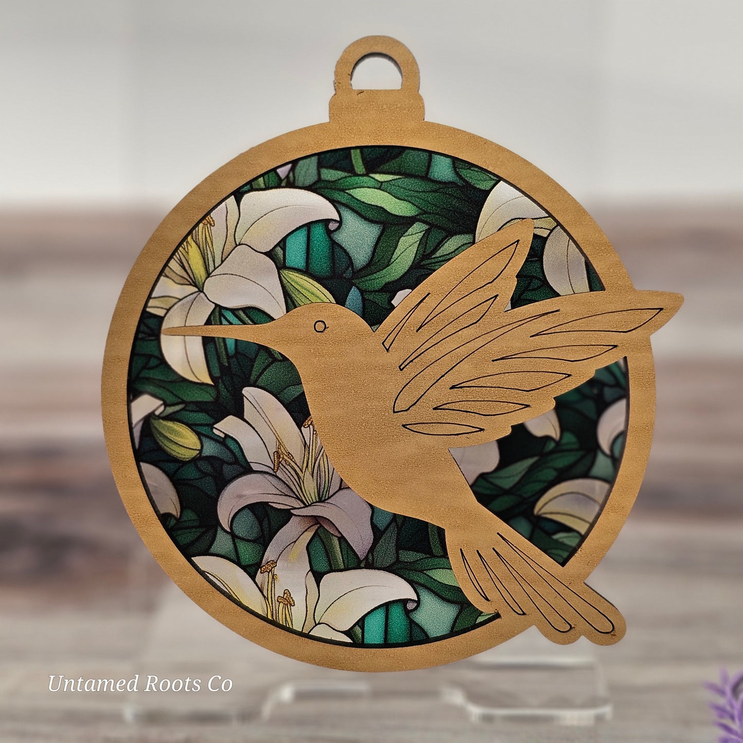 Hummingbird Suncatcher Ornament - Translucent White Lilies