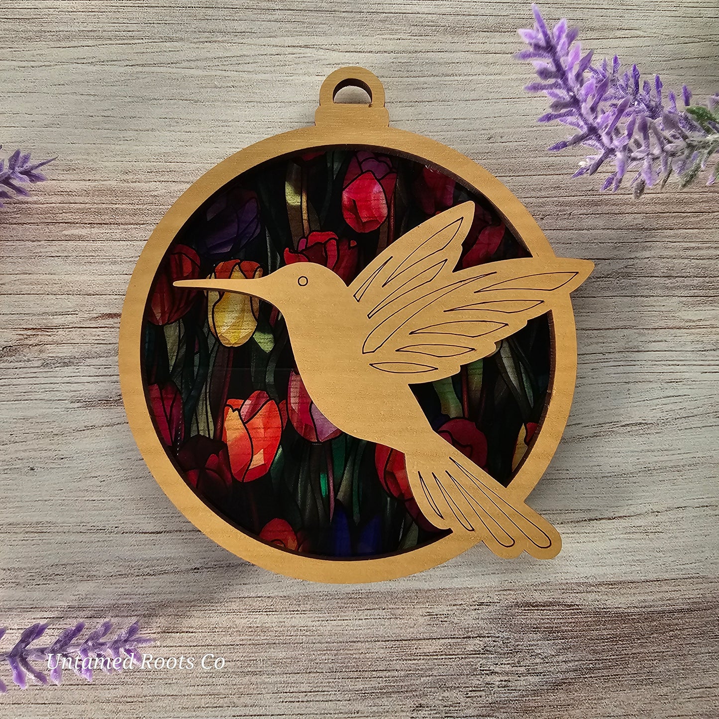Hummingbird Suncatcher Ornament - Translucent Tulips