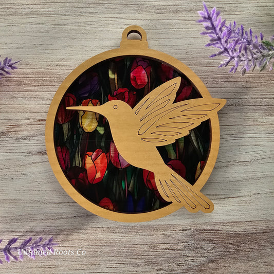 Hummingbird Suncatcher Ornament - Translucent Tulips