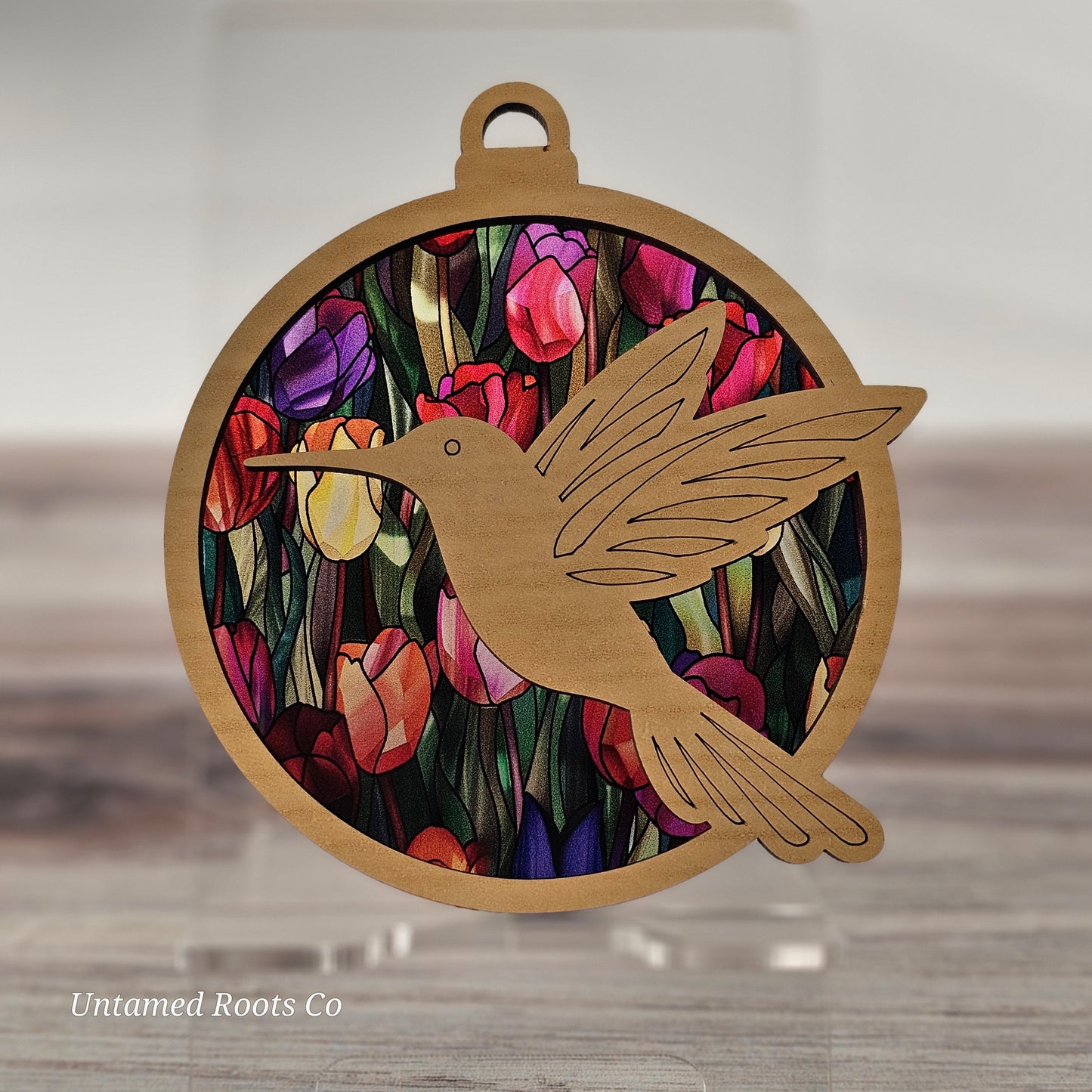 Hummingbird Suncatcher Ornament - Translucent Tulips