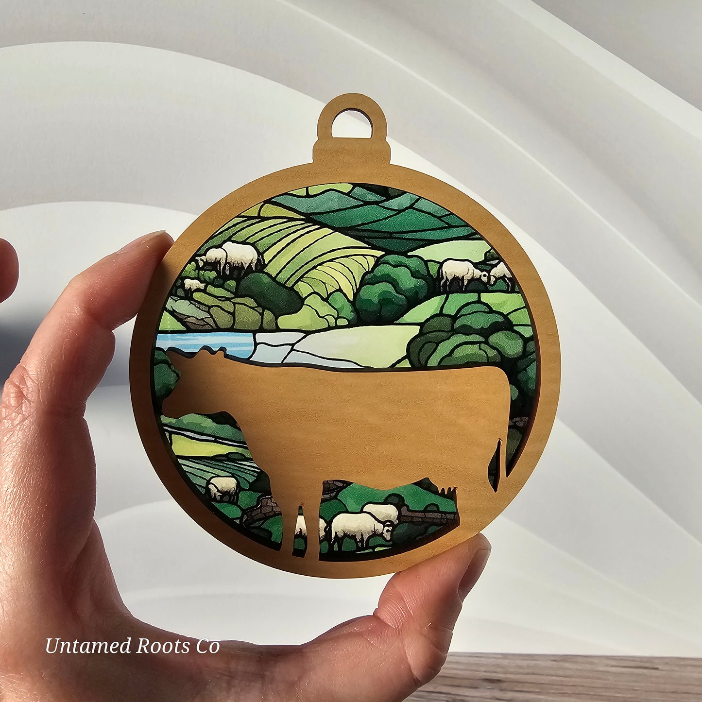 Cow Suncatcher Ornament - Translucent Rolling Farm Hills