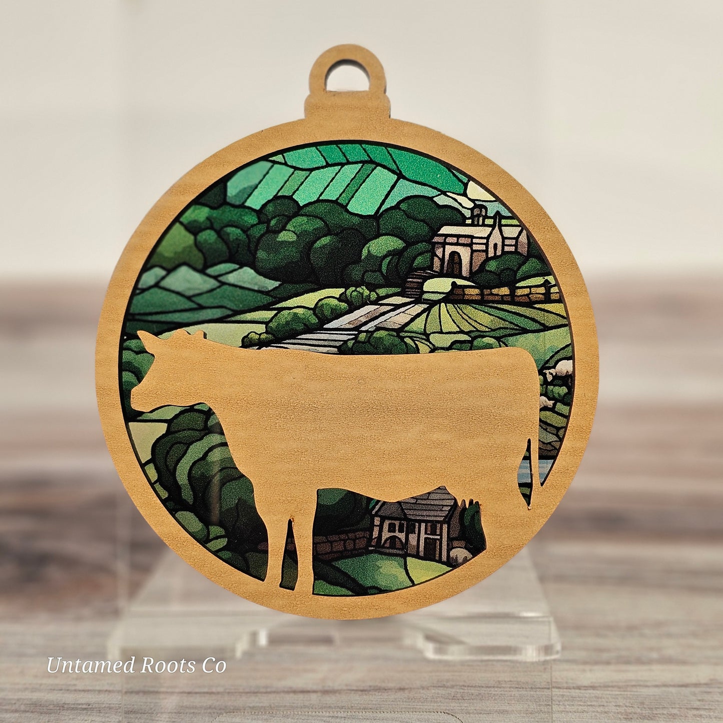 Cow Suncatcher Ornament - Translucent Rolling Farm Hills