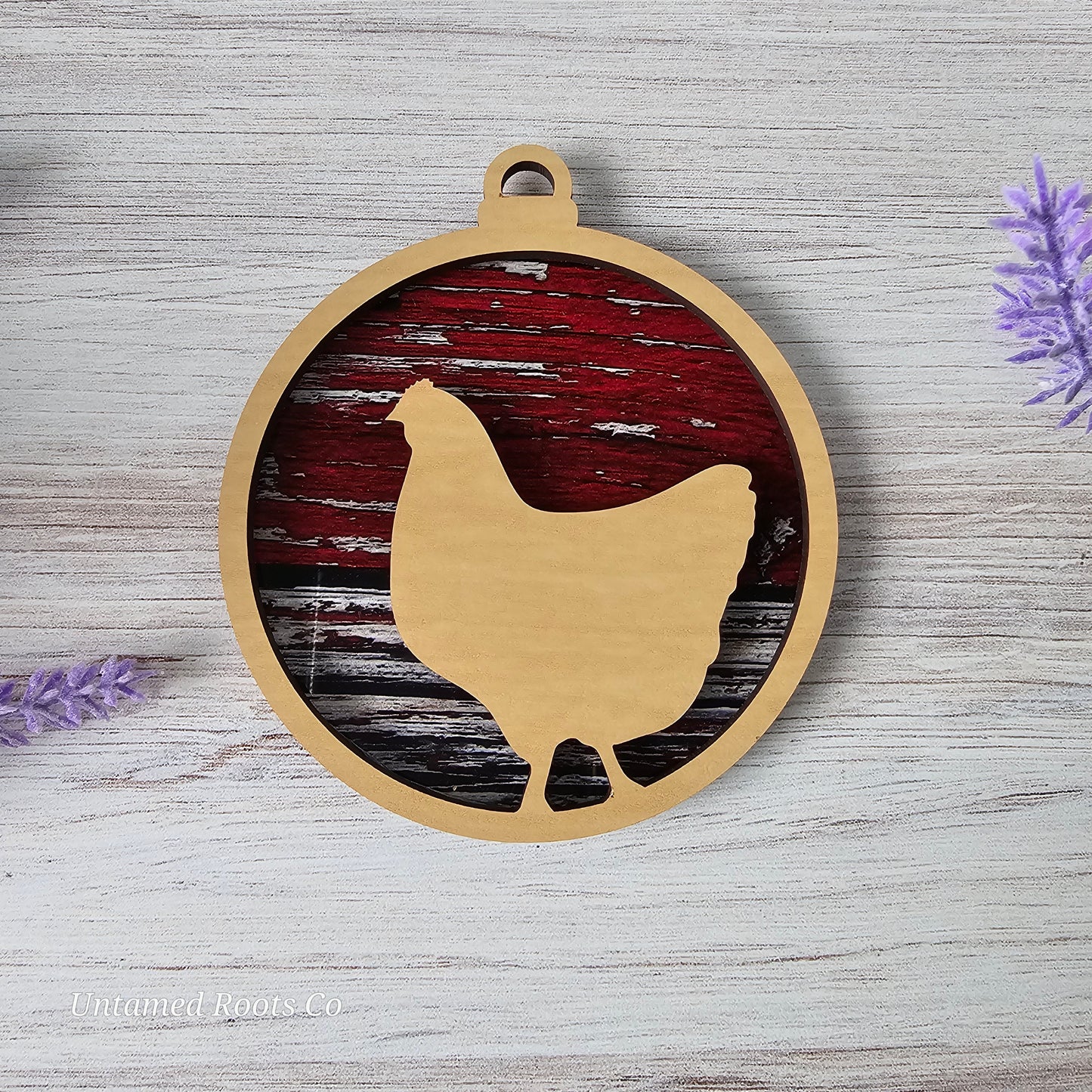 Chicken Suncatcher Ornament - Translucent Red Barn