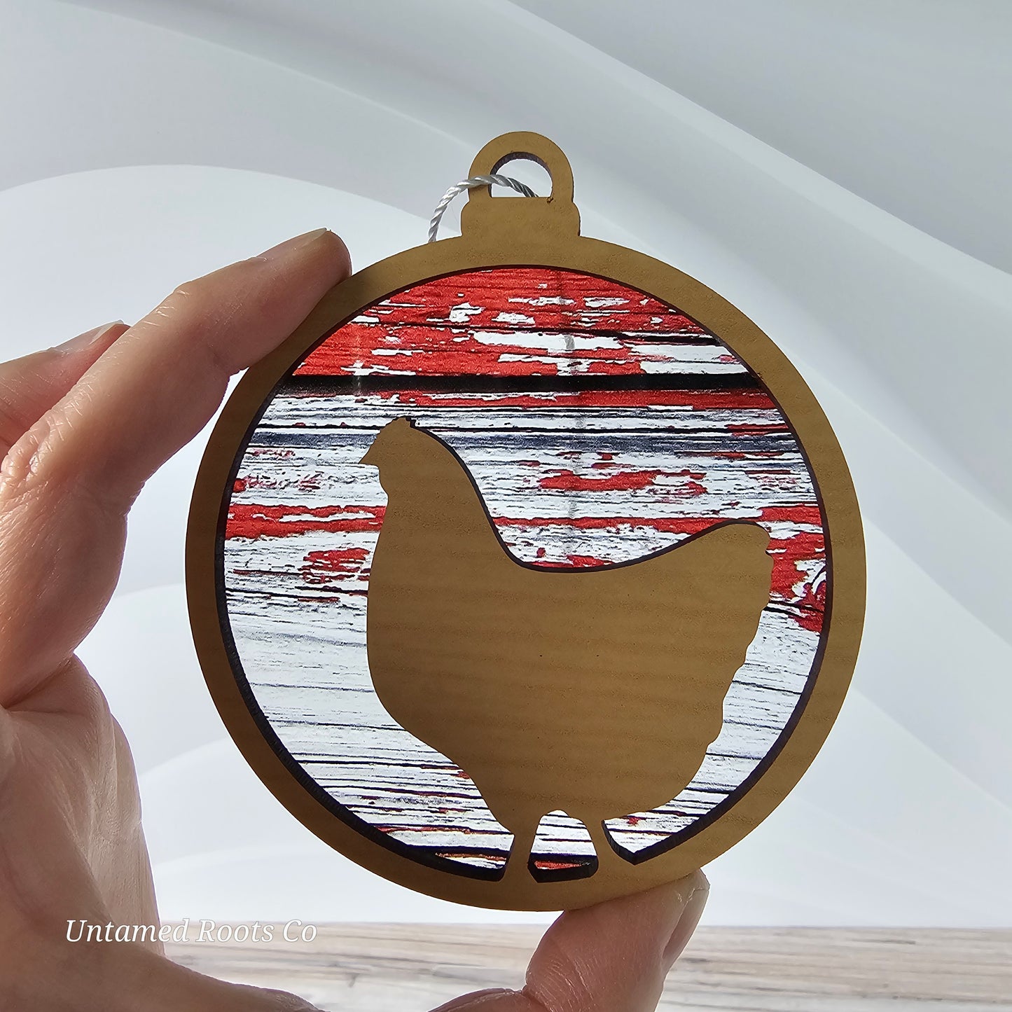 Chicken Suncatcher Ornament - Translucent Red Barn