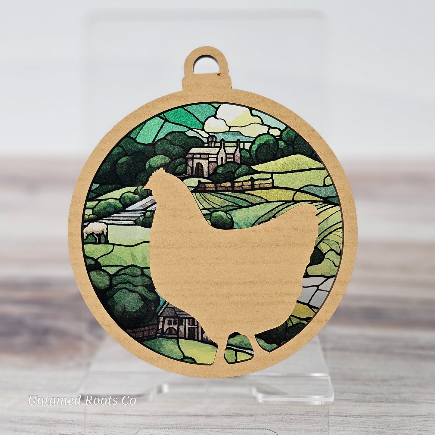 Chicken Suncatcher Ornament - Translucent Rolling Farm Hills