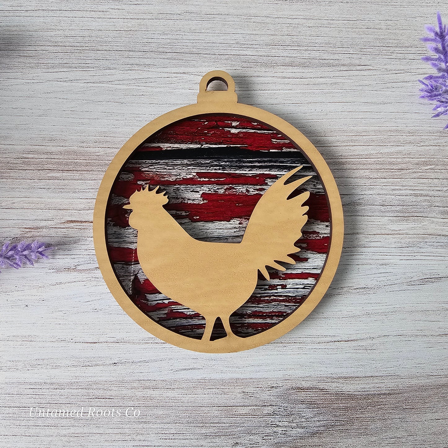 Rooster Suncatcher Ornament - Translucent Red Barn