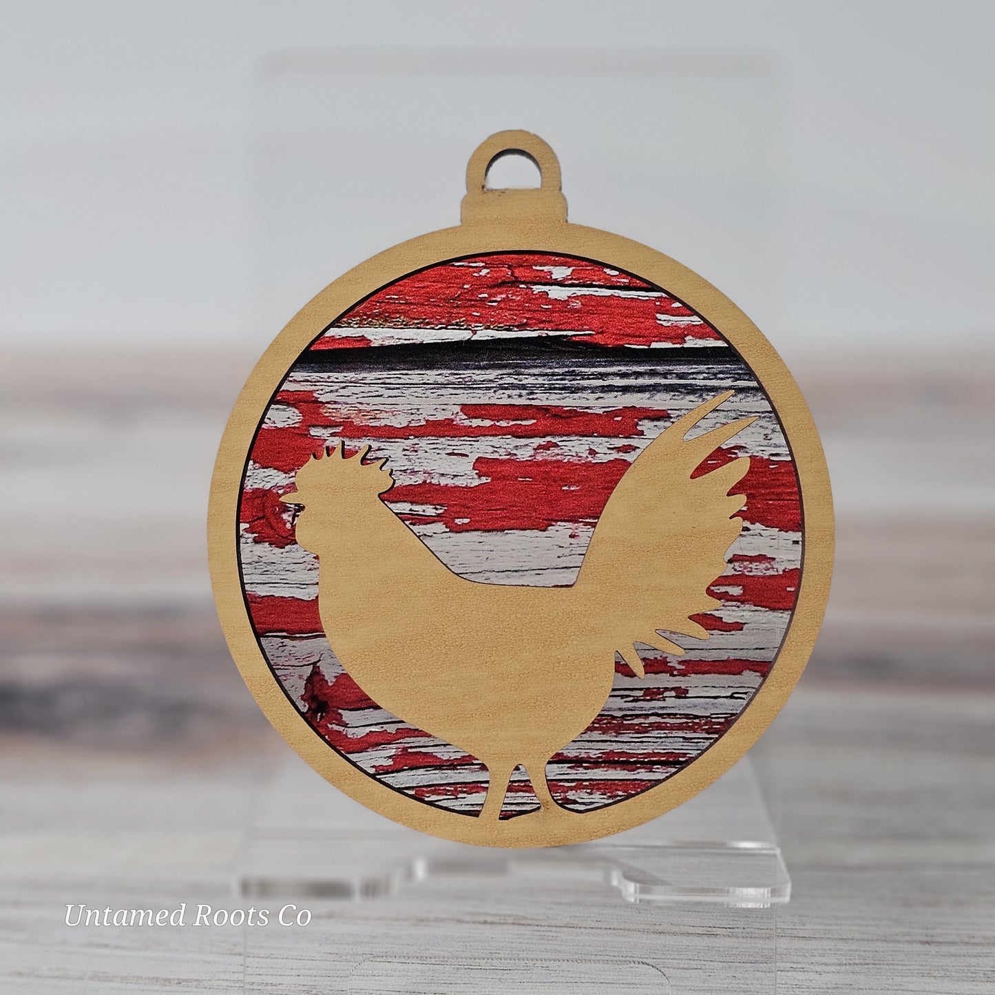 Rooster Suncatcher Ornament - Translucent Red Barn