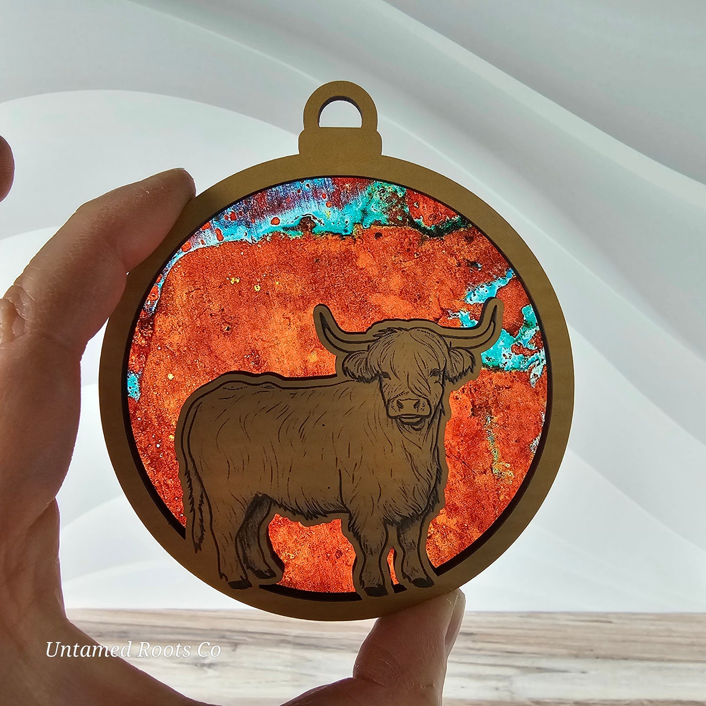 Highland Cow Suncatcher Ornament - Translucent Antique Copper