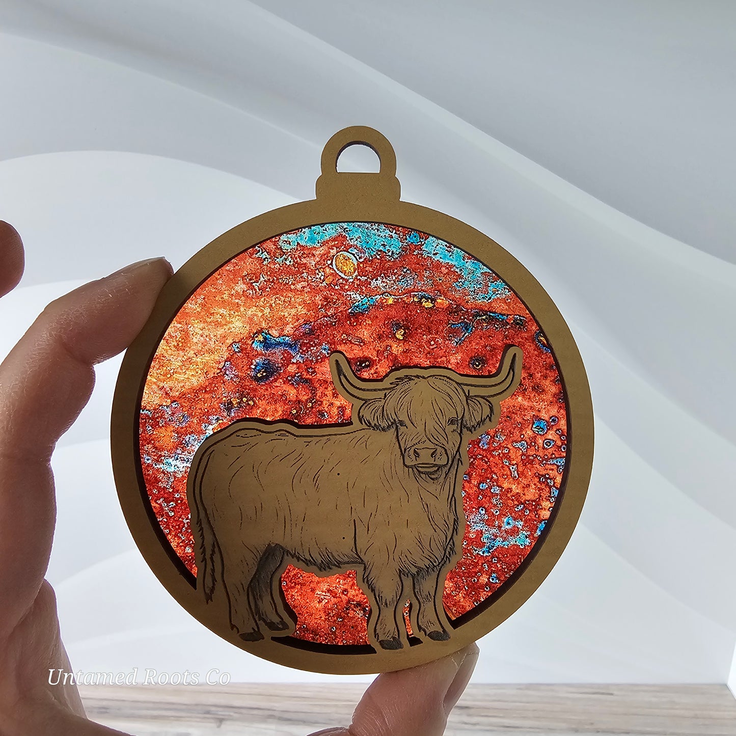 Highland Cow Suncatcher Ornament - Translucent Antique Copper