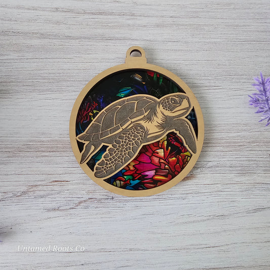 Sea Turtle Suncatcher Ornament - Translucent Coral Reef