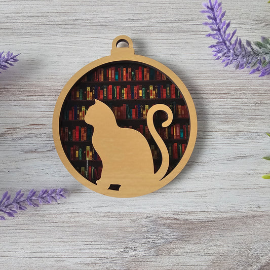 Cat Suncatcher Ornament - Translucent Dark Bookshelves