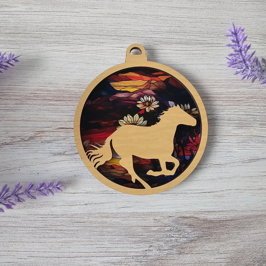 Horse Suncatcher Ornament - Translucent Floral Mountains