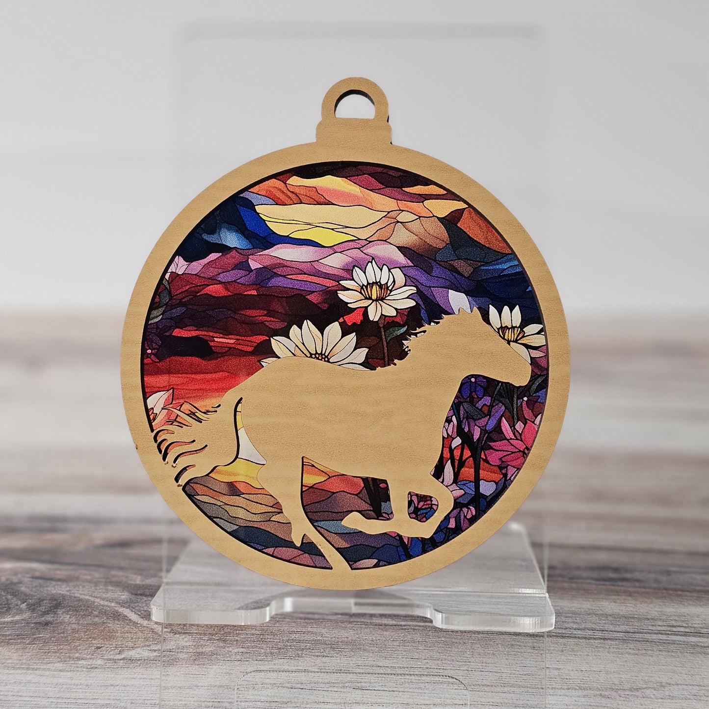 Horse Suncatcher Ornament - Translucent Floral Mountains