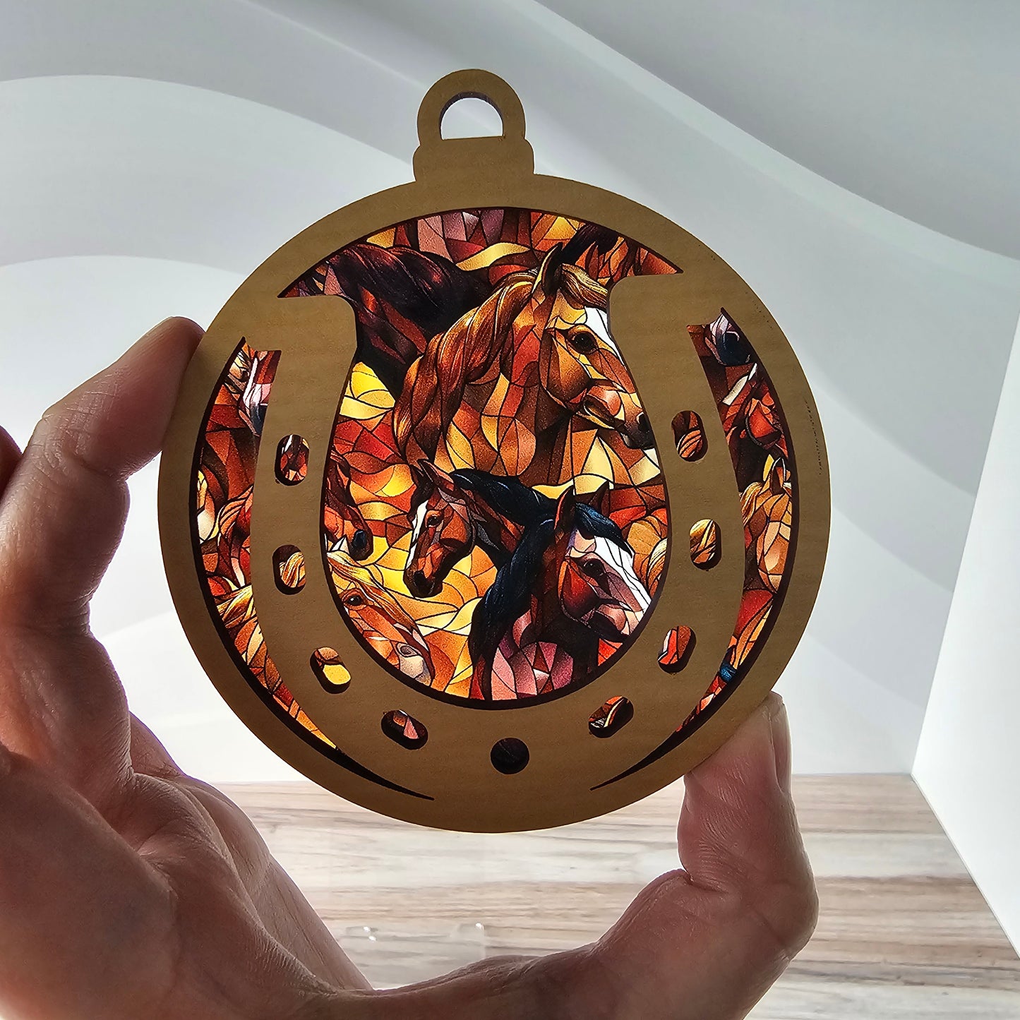 Horseshoe Suncatcher Ornament - Translucent Stained Glass Horses