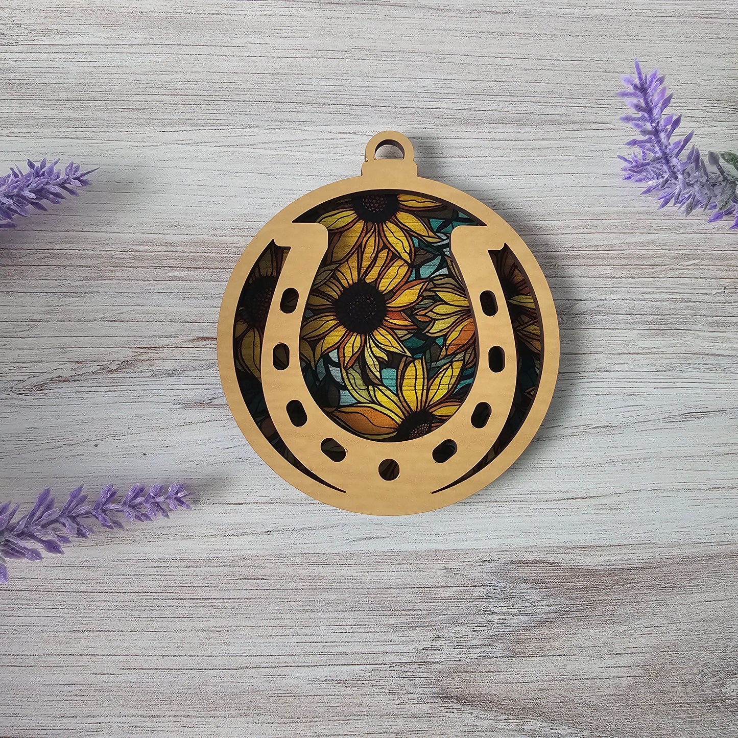 Horseshoe Suncatcher Ornament - Translucent Sunflowers