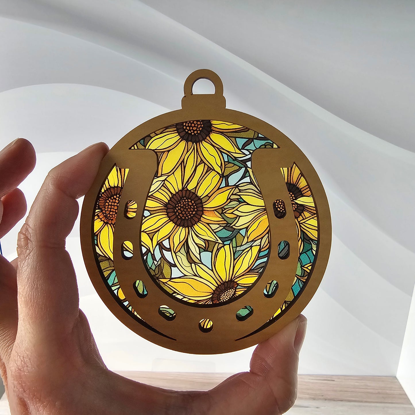 Horseshoe Suncatcher Ornament - Translucent Sunflowers