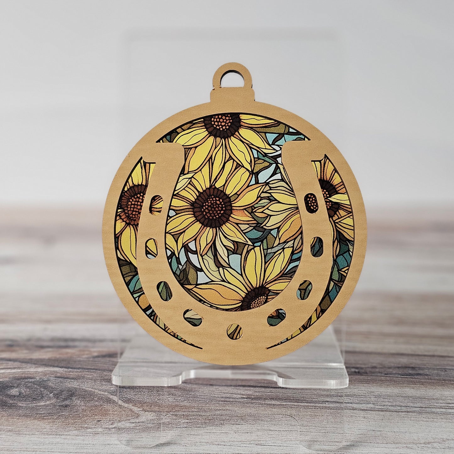 Horseshoe Suncatcher Ornament - Translucent Sunflowers