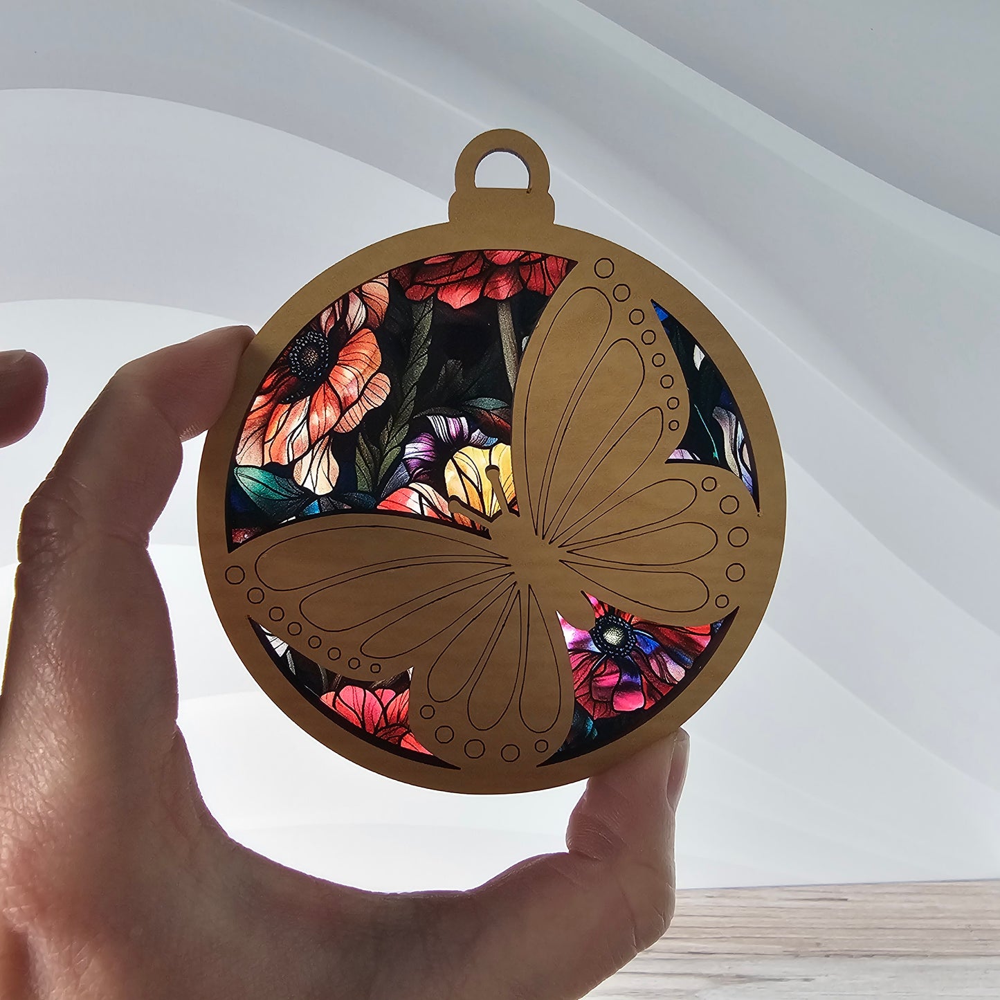 Butterfly Suncatcher Ornament - Translucent Dark Floral