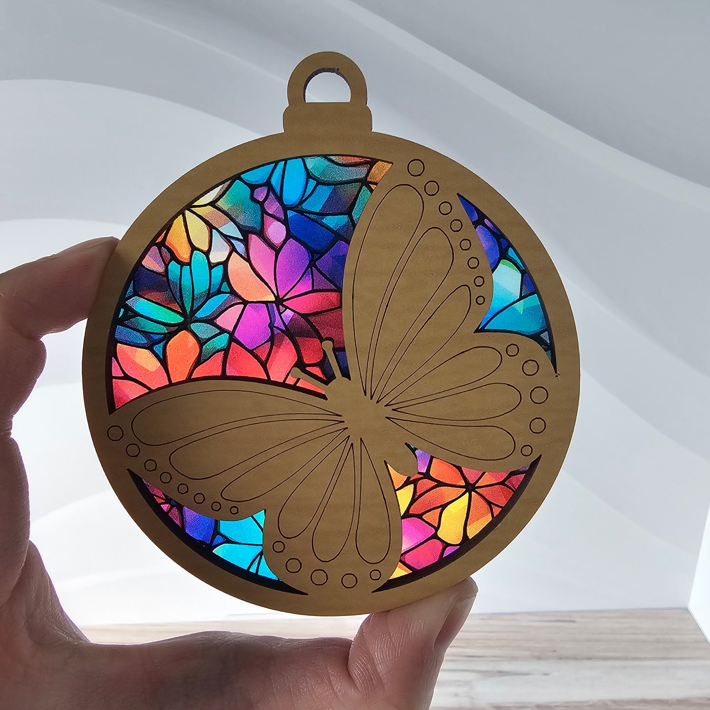 Butterfly Suncatcher Ornament - Translucent Stained Glass Floral