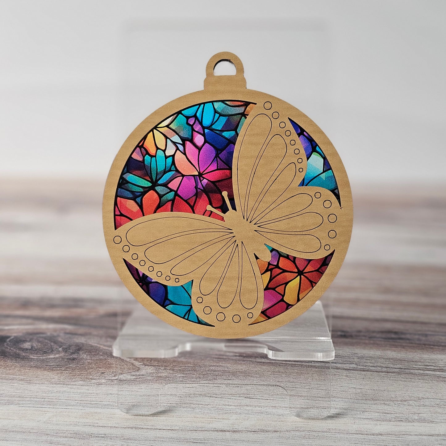 Butterfly Suncatcher Ornament - Translucent Stained Glass Floral