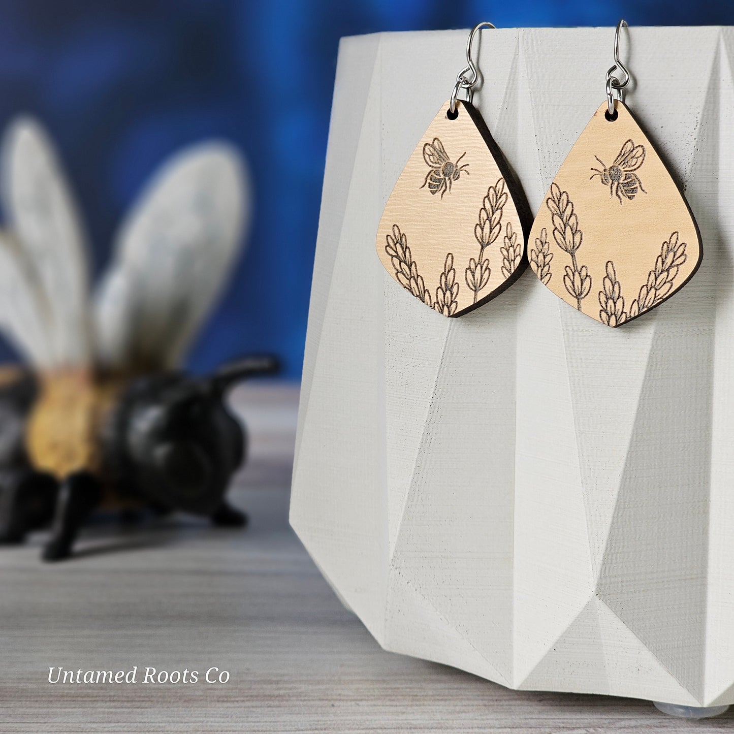 Wooden Bee Lavender Earrings