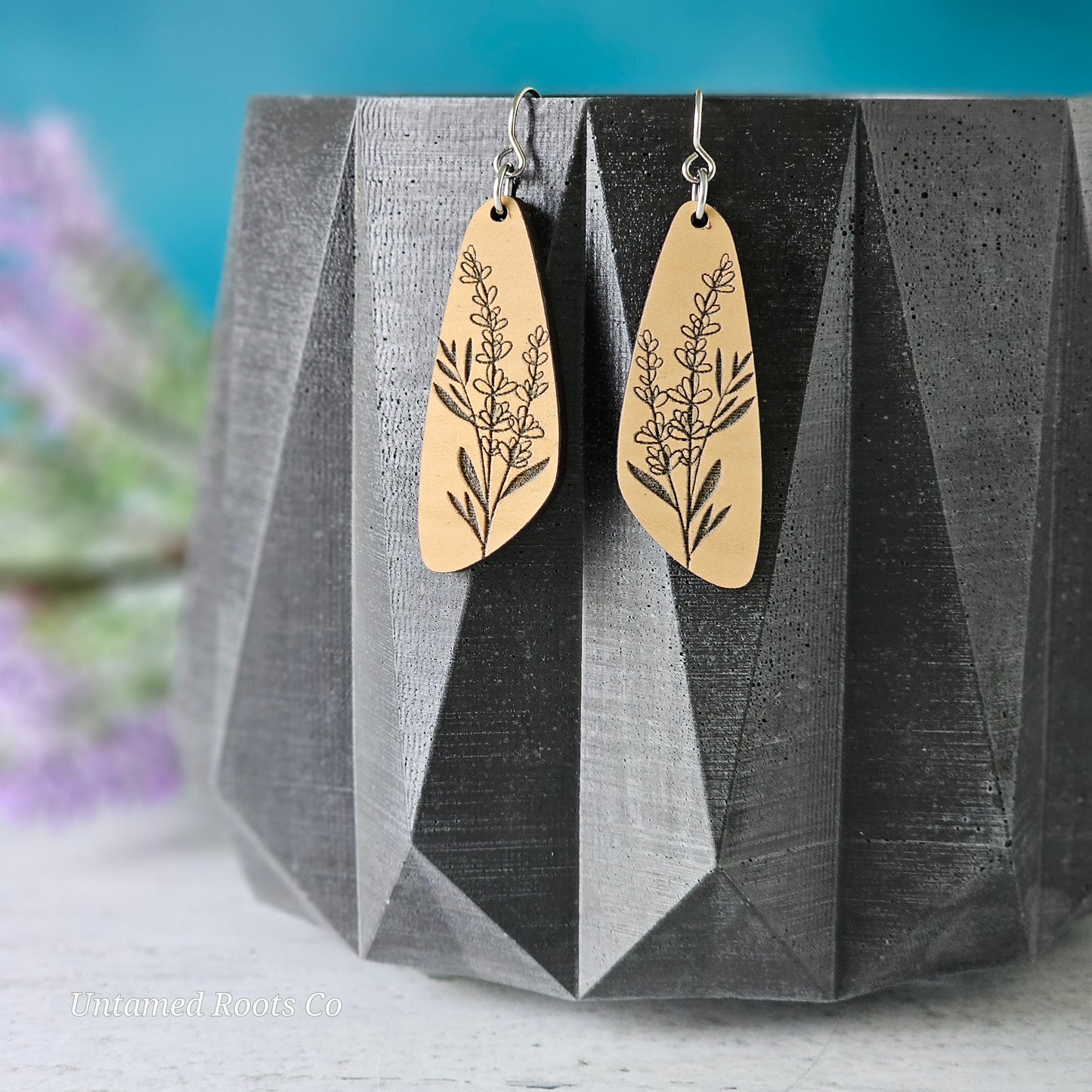 Wooden Lavender Floral Dangle Earrings