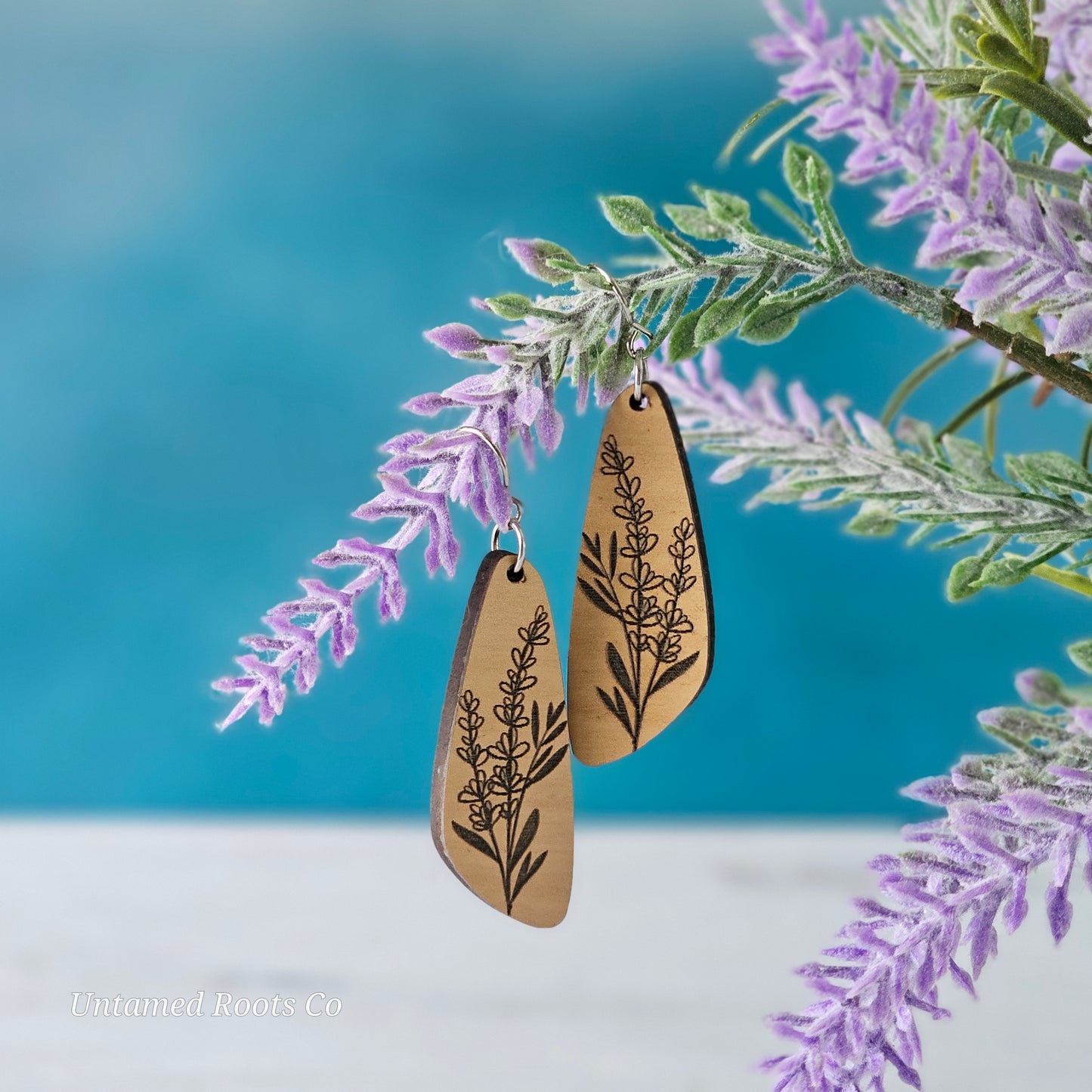 Wooden Lavender Floral Dangle Earrings