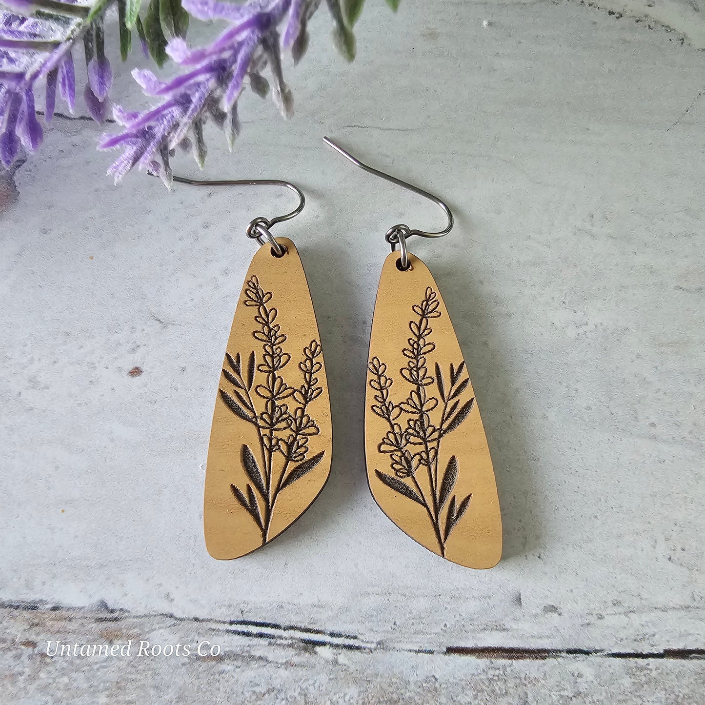 Wooden Lavender Floral Dangle Earrings