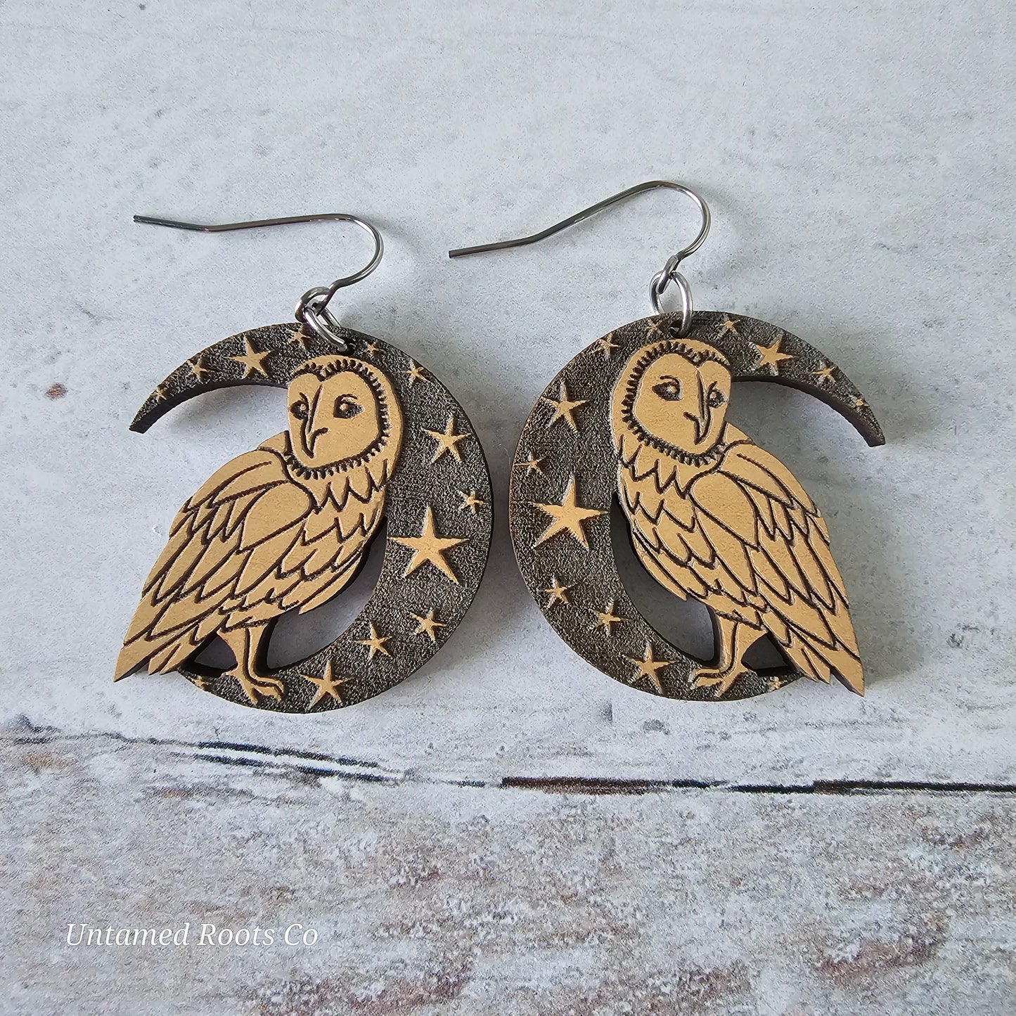 Wooden Crescent Dark Moon Owl Earrings