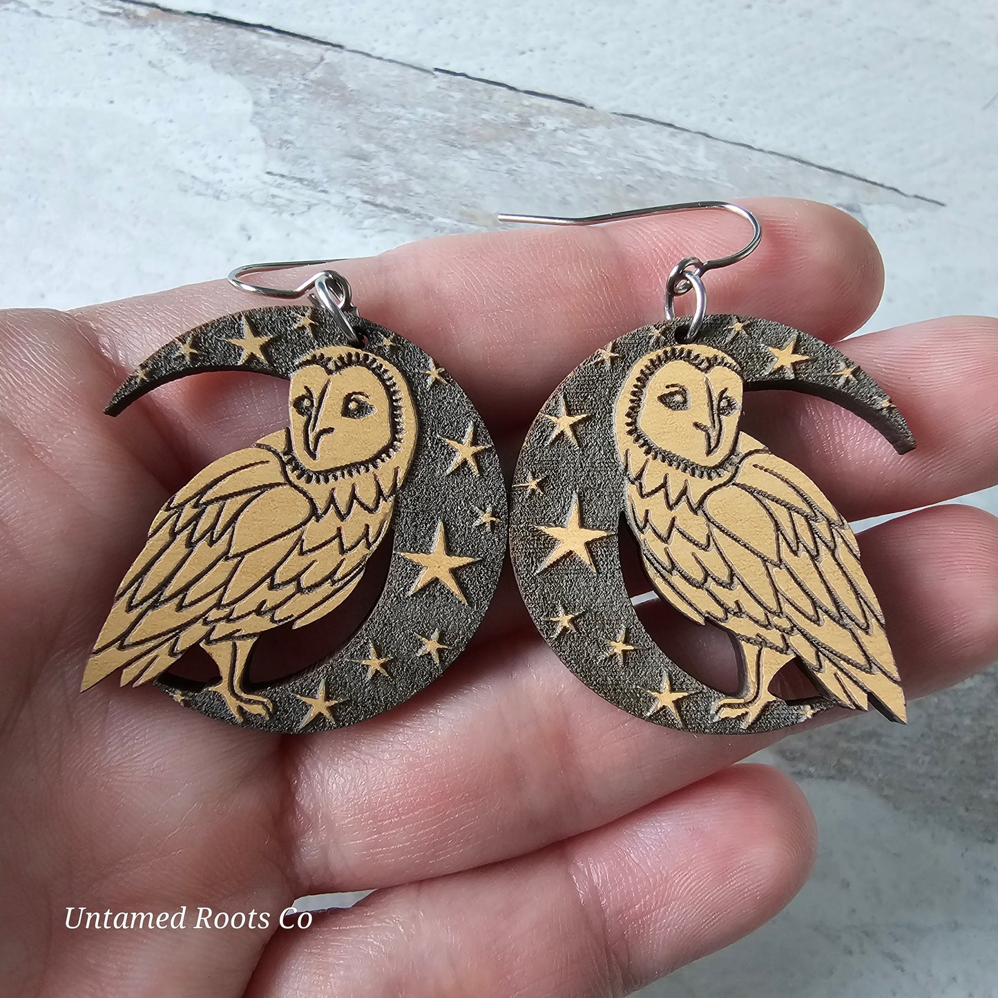 Wooden Crescent Dark Moon Owl Earrings