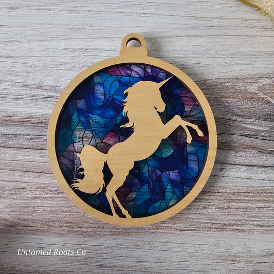 Unicorn Suncatcher Ornament - Translucent Pink & Purple Stained Glass