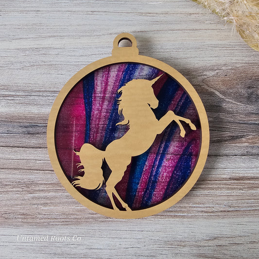 Unicorn Suncatcher Ornament - Translucent Pink & Purple Swirl