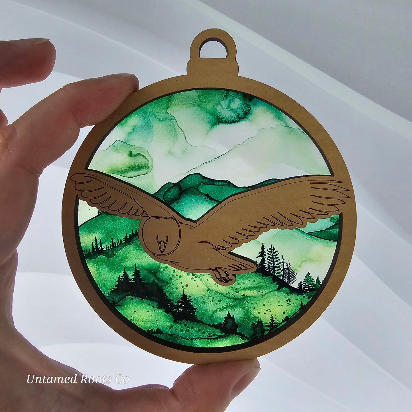 Owl Suncatcher Ornament - Translucent Hillside Forest