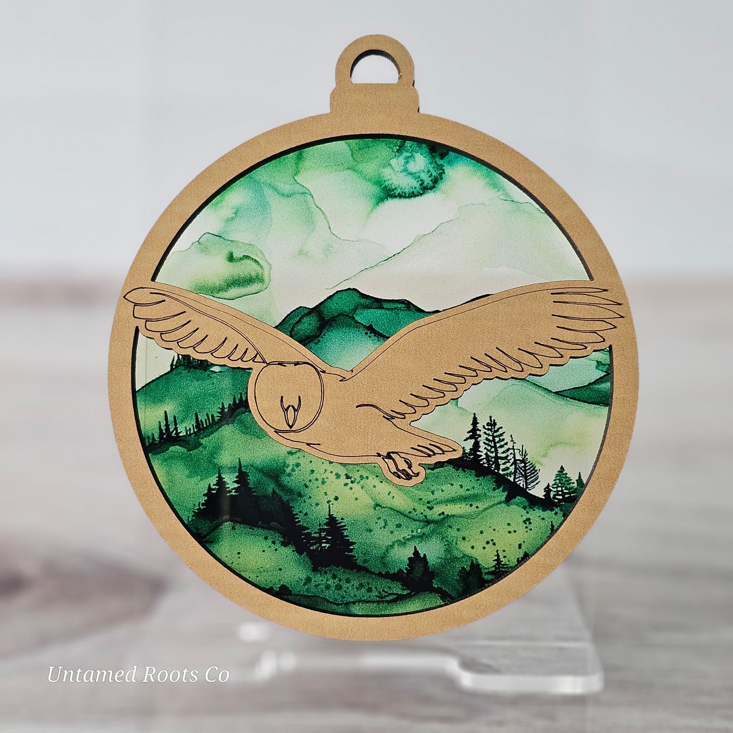 Owl Suncatcher Ornament - Translucent Hillside Forest