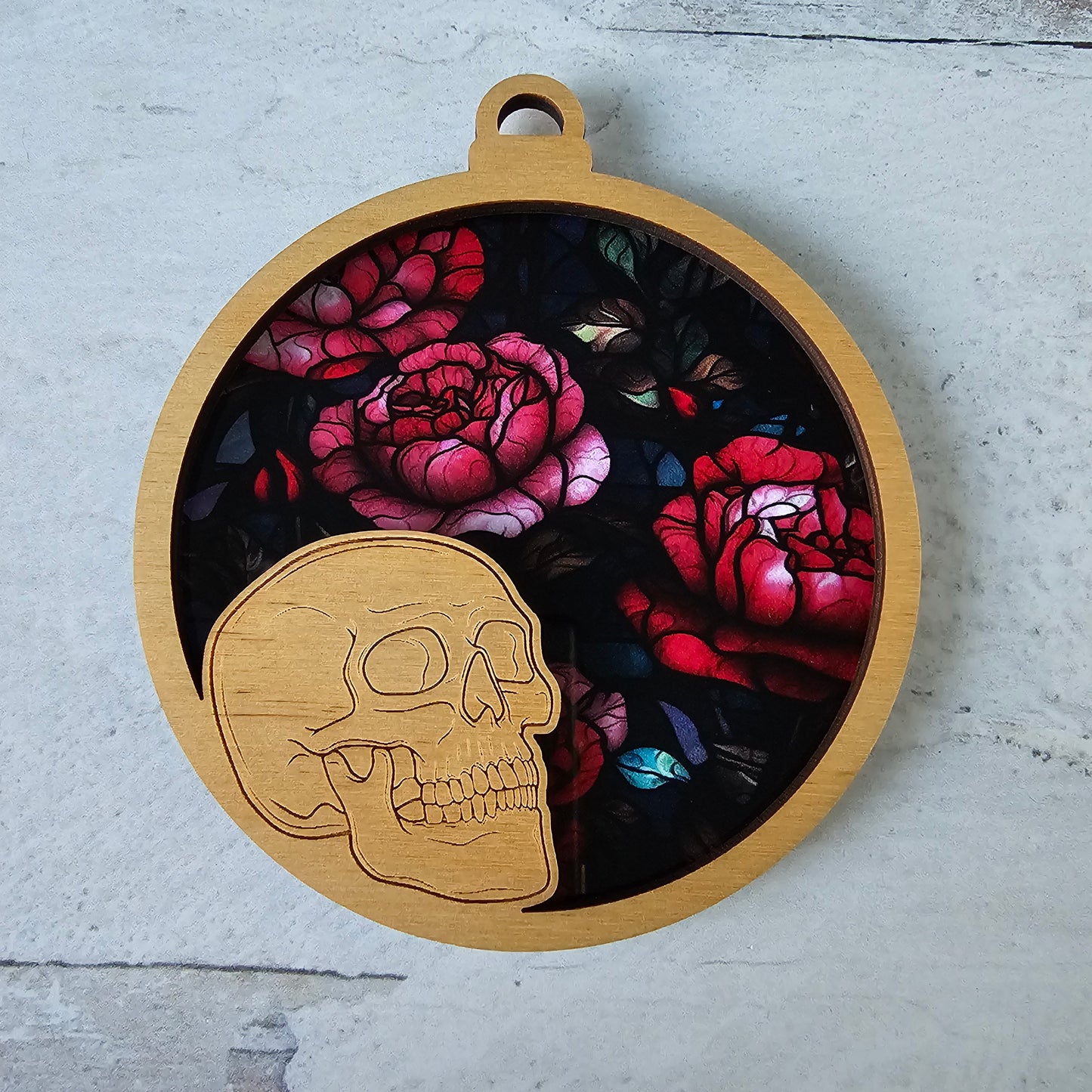 Skull Suncatcher Ornament - Translucent Stained Glass Roses