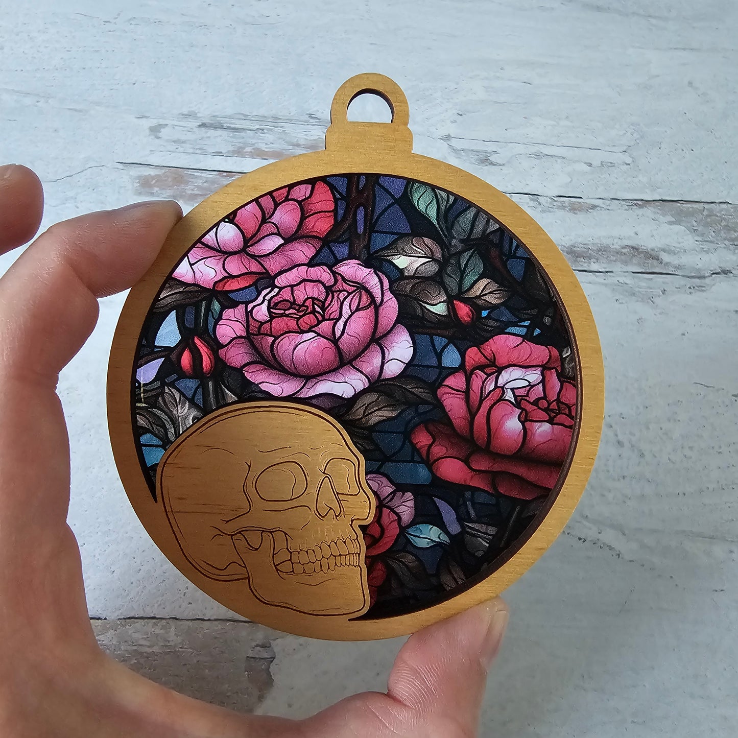 Skull Suncatcher Ornament - Translucent Stained Glass Roses